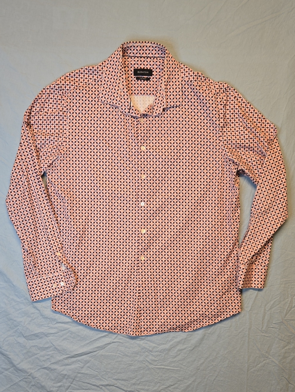 Bugatchi 8 Way Stretch Pink & Blue Geometric Long Sleeve Button Down Dress Shirt